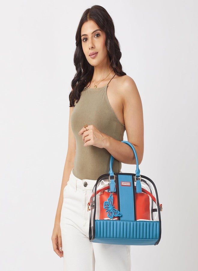 Caprese Madonna Satchel Bag Large | Stylish Transparent Handbag with Butterfly Charm for Women with Adjustable & Detachable Sling Strap, Top-Handles & Zip Closure | Perfect for Casual Use (Blue) - Image 2